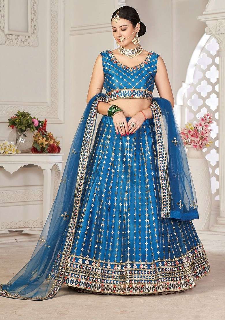 Turquoise Blue Emboridered Blended Lehenga Choli - Indya