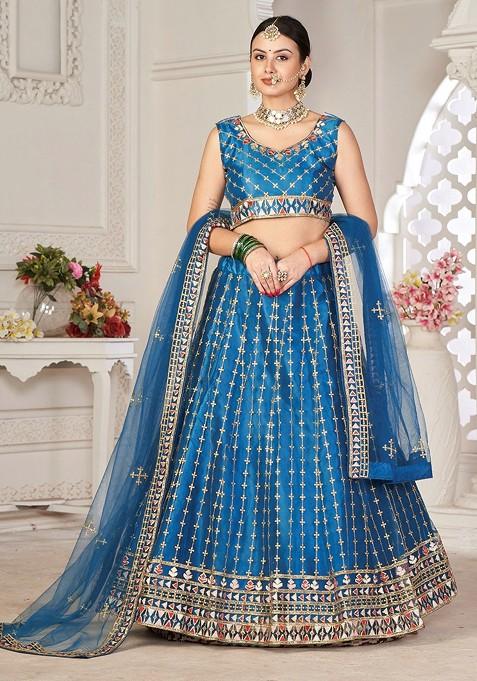 Turquoise Blue Emboridered Blended Lehenga Choli — view on Indya