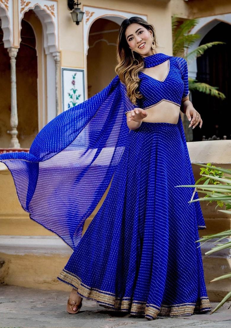 Blue Printed Blended Lehenga Choli