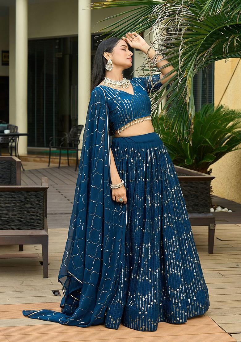 Turquoise Blue Emboridered Blended Lehenga Choli - Indya