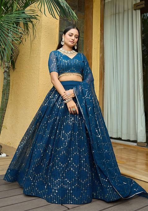 Turquoise Blue Emboridered Blended Lehenga Choli — view on Indya