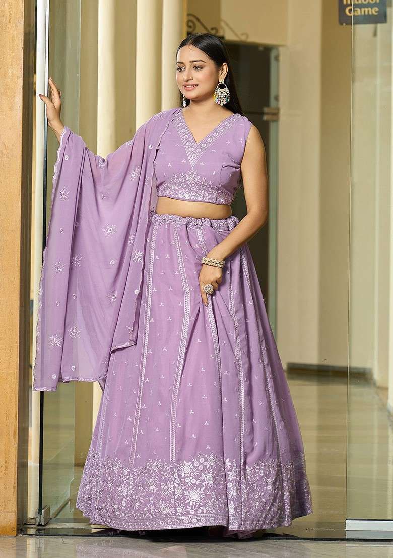 Purple Emboridered Blended Lehenga Choli - Indya