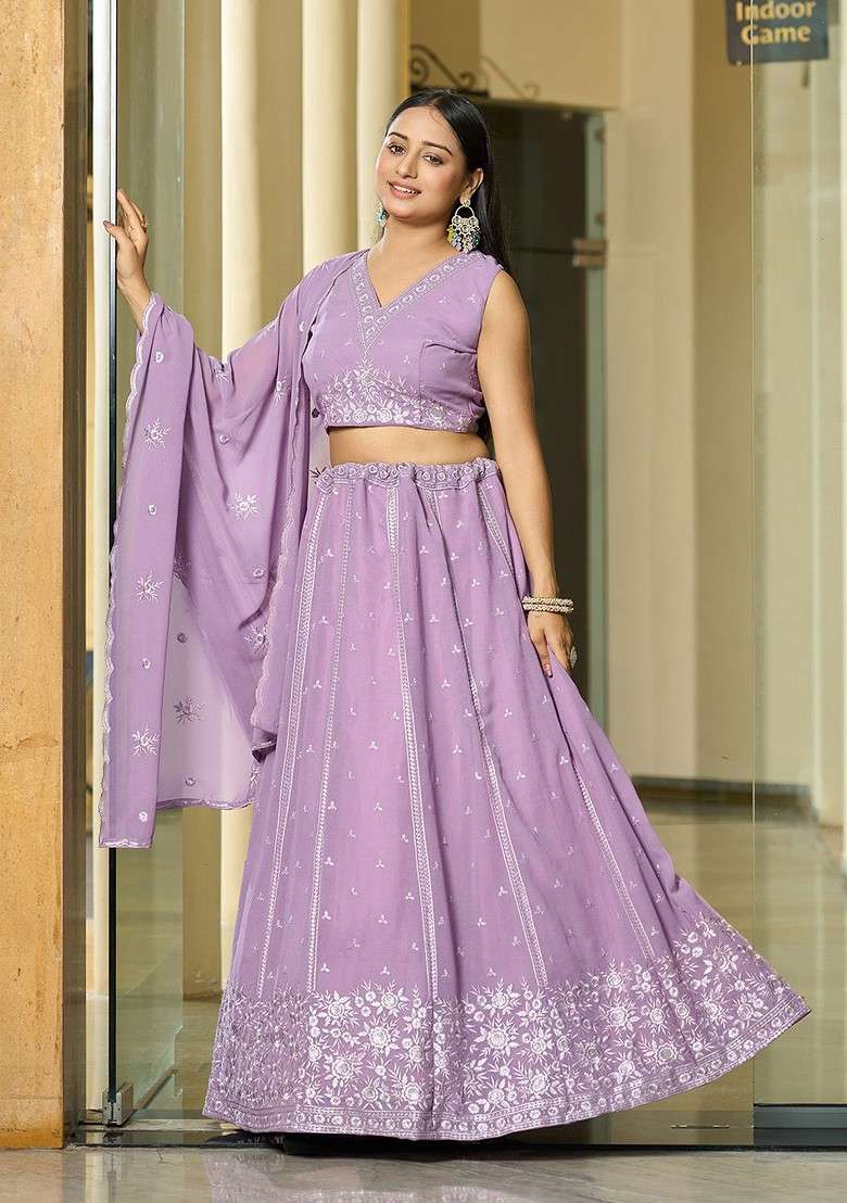 Purple Emboridered Blended Lehenga Choli - Indya