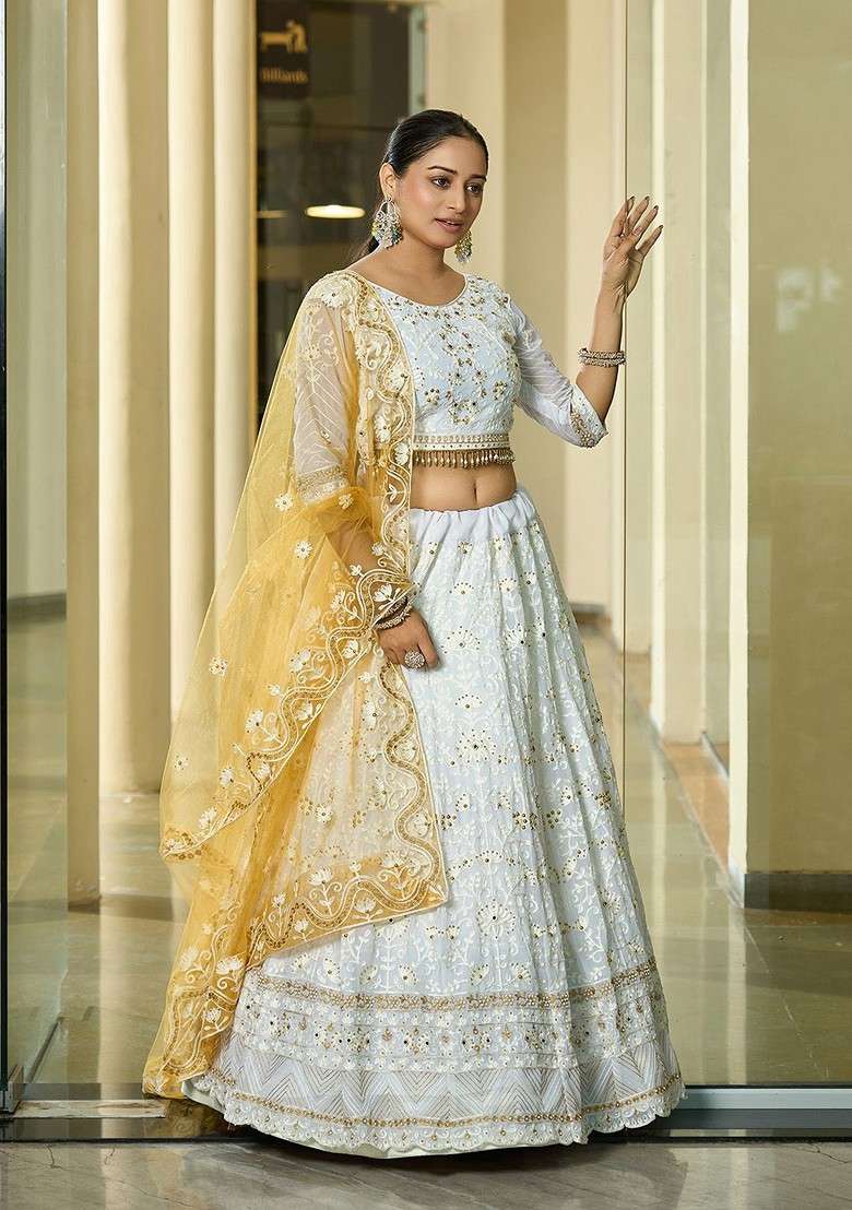 White Emboridered Blended Lehenga Choli - Indya