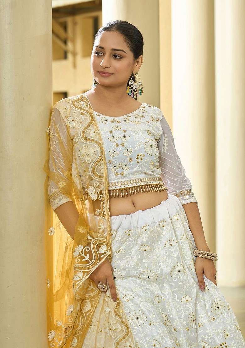 White Emboridered Blended Lehenga Choli - Indya