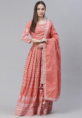 Peach Printed Blended Lehenga Choli