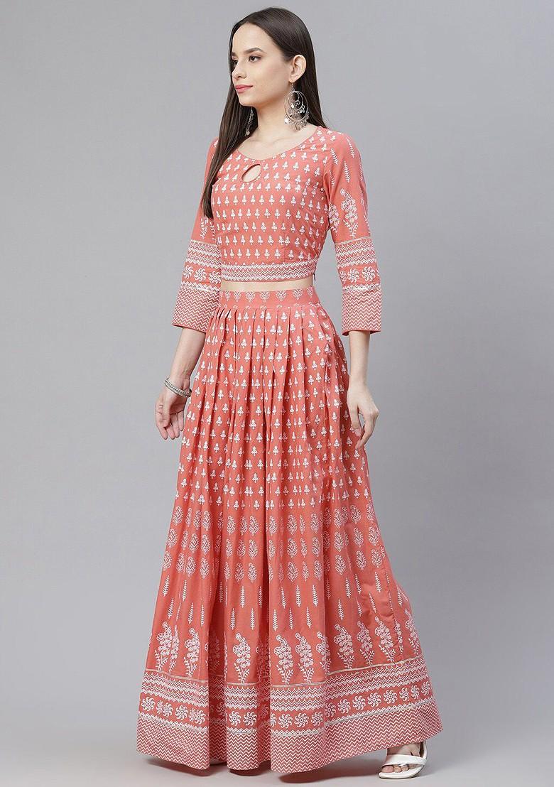 Peach Printed Blended Lehenga Choli - Indya