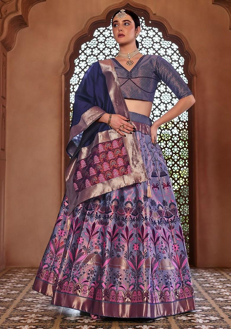 Navy Blue Emboridered Blended Lehenga Choli - Indya