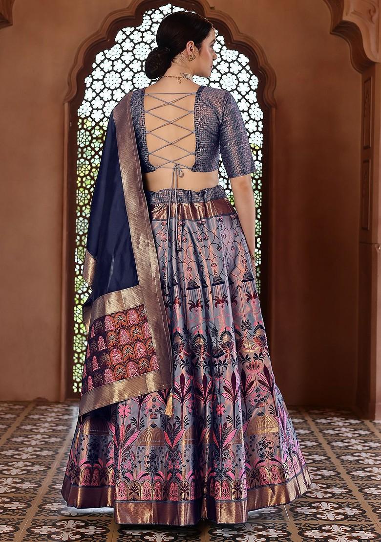Navy Blue Emboridered Blended Lehenga Choli - Indya