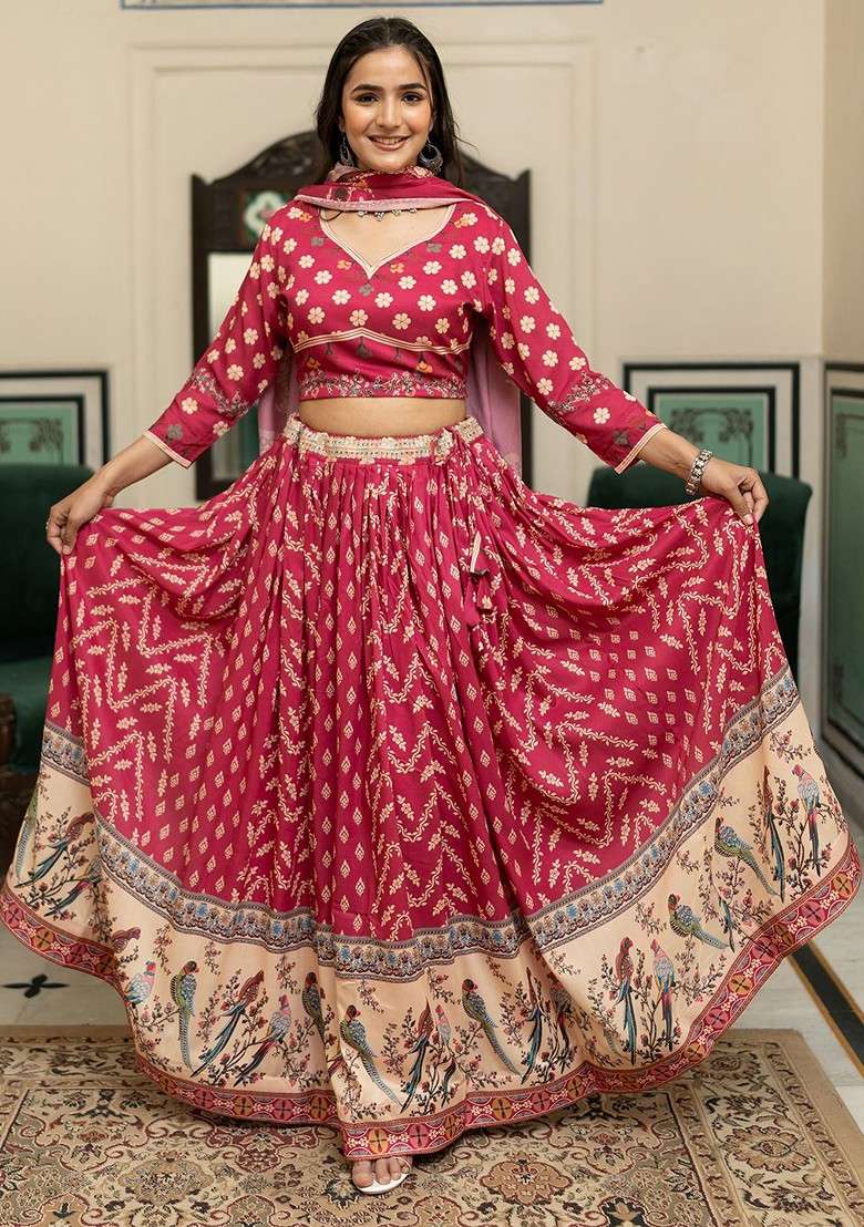 Burgundy Printed Blended Lehenga Choli - Indya