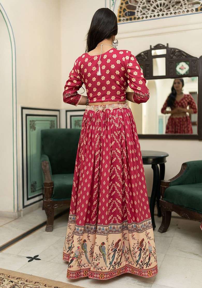 Burgundy Printed Blended Lehenga Choli - Indya