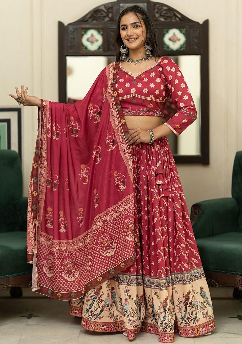 Burgundy Printed Blended Lehenga Choli - Indya