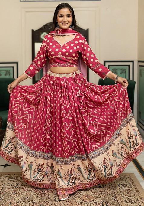 Burgundy Printed Blended Lehenga Choli — view on Indya