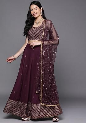 Purple Printed Blended Lehenga Choli