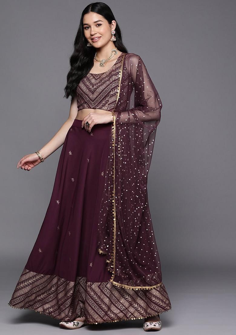 Purple Printed Blended Lehenga Choli