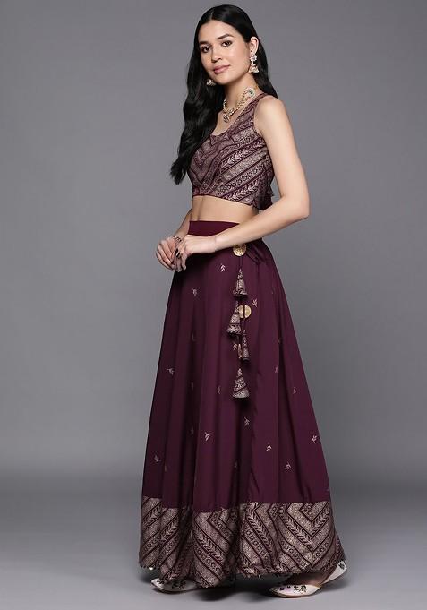 Purple Printed Blended Lehenga Choli