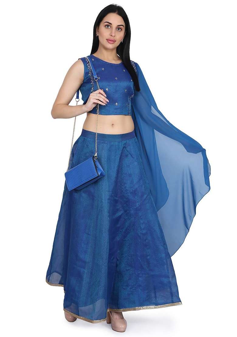 Blue Embellished Blended Lehenga Choli for Diwali and Festive Wear - Indya