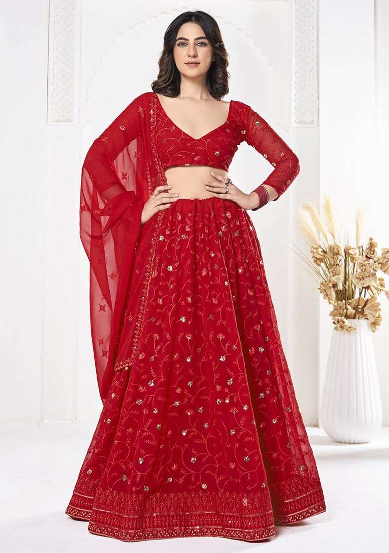 Red Emboridered Blended Lehenga Choli - Indya