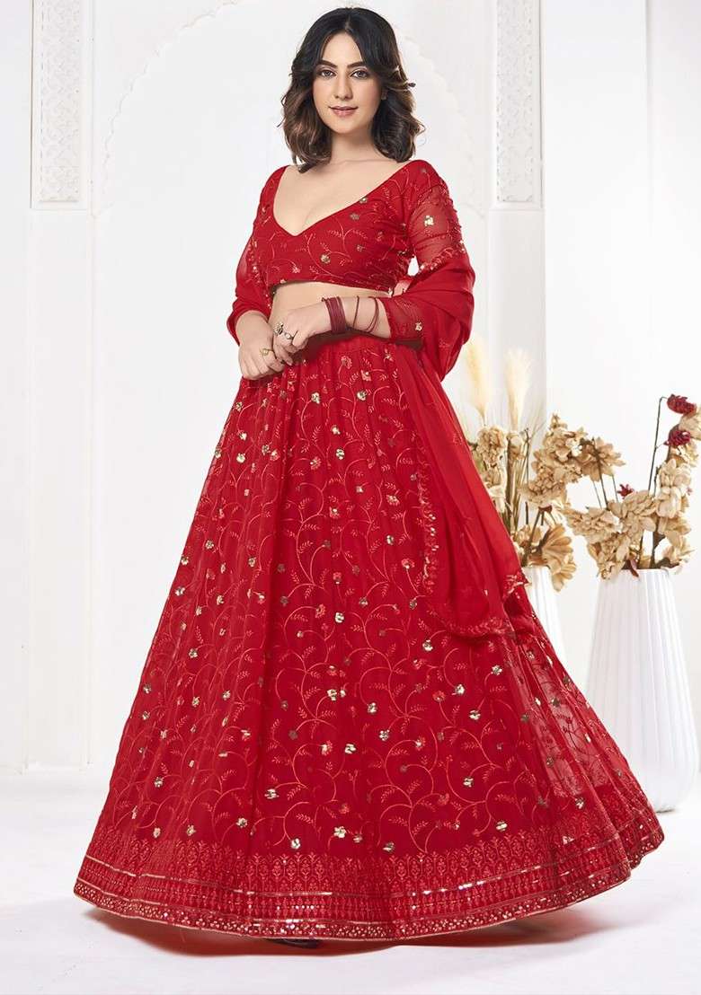 Red Emboridered Blended Lehenga Choli - Indya