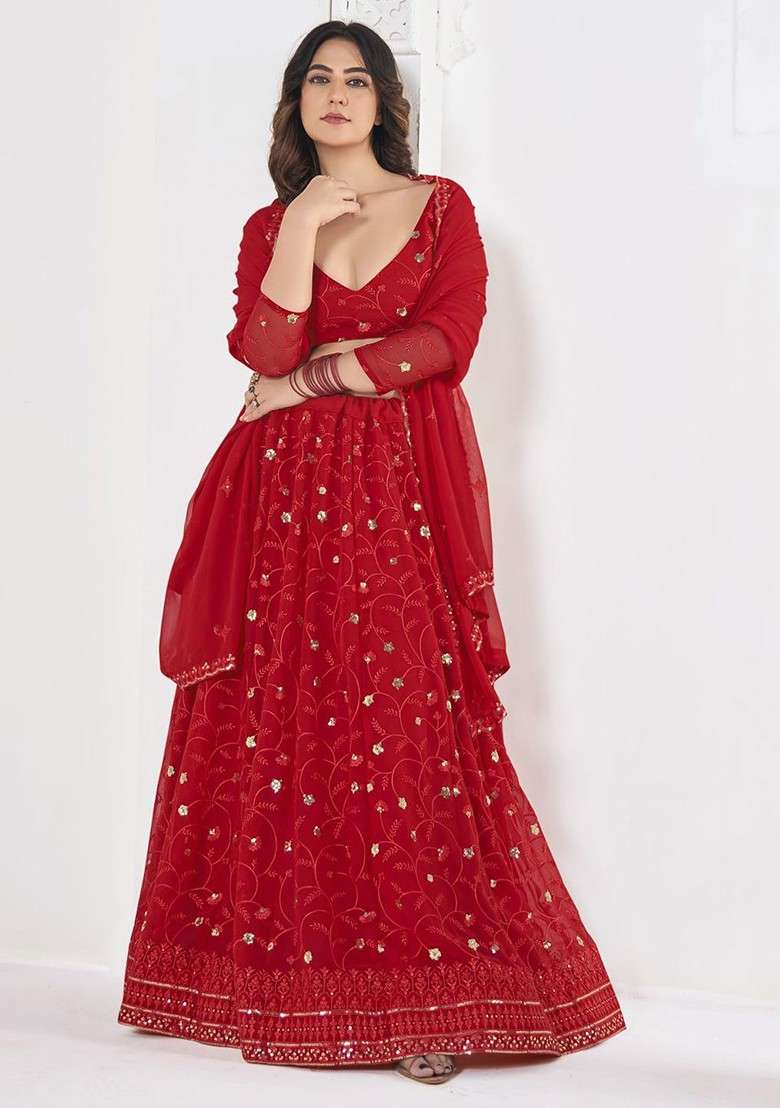 Red Emboridered Blended Lehenga Choli - Indya
