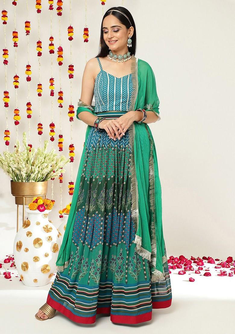 Teal Printed Blended Lehenga Choli