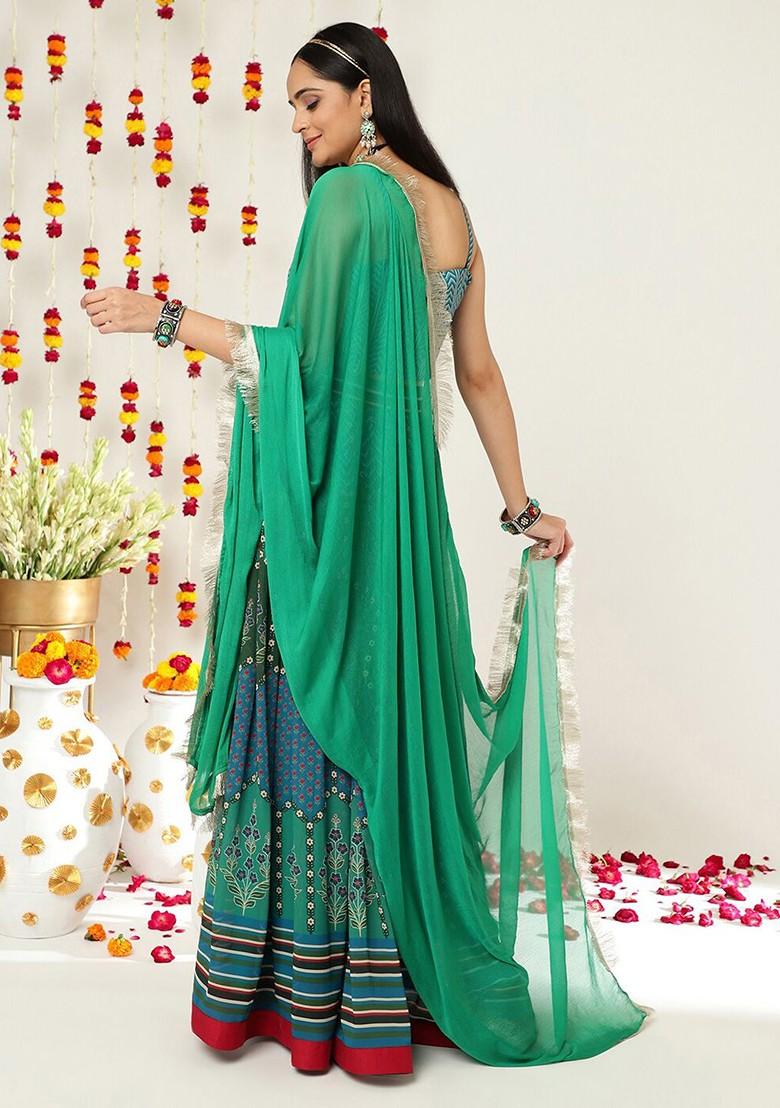 Teal Printed Blended Lehenga Choli