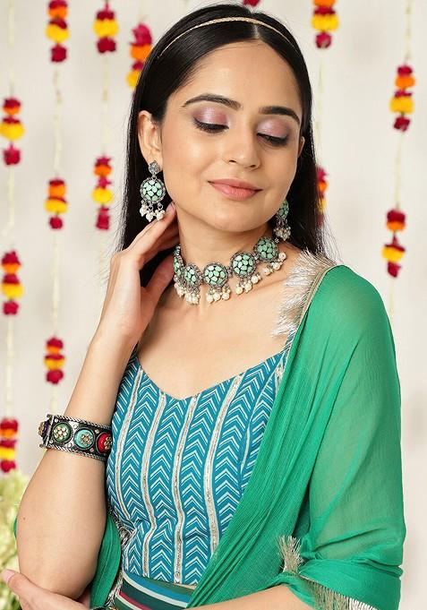 Teal Printed Blended Lehenga Choli