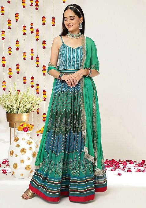 Teal Printed Blended Lehenga Choli