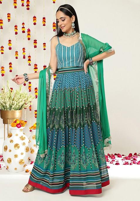 Teal Printed Blended Lehenga Choli