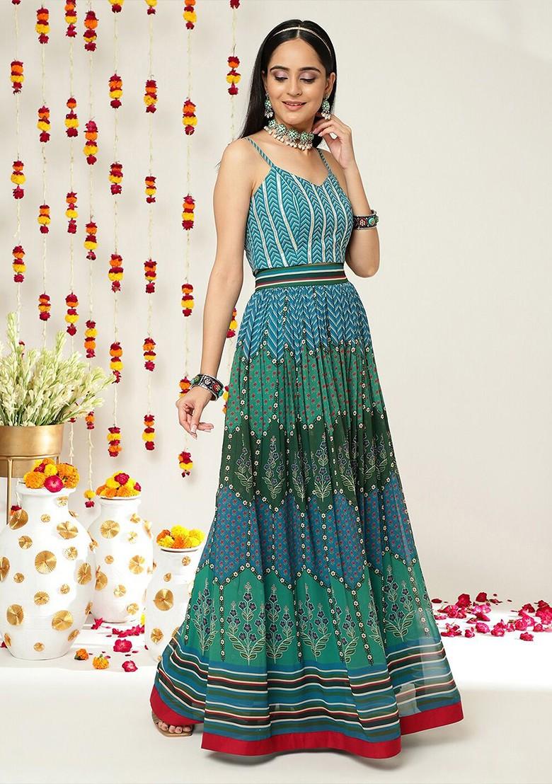 Teal Printed Blended Lehenga Choli