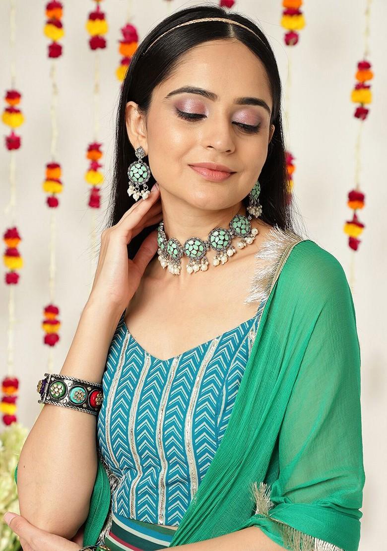 Teal Printed Blended Lehenga Choli