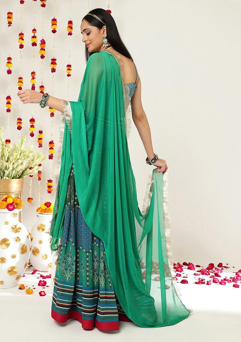 Teal Printed Blended Lehenga Choli
