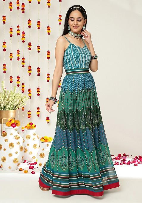Teal Printed Blended Lehenga Choli