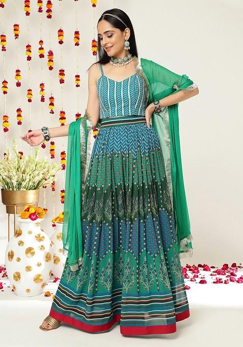 Teal Printed Blended Lehenga Choli