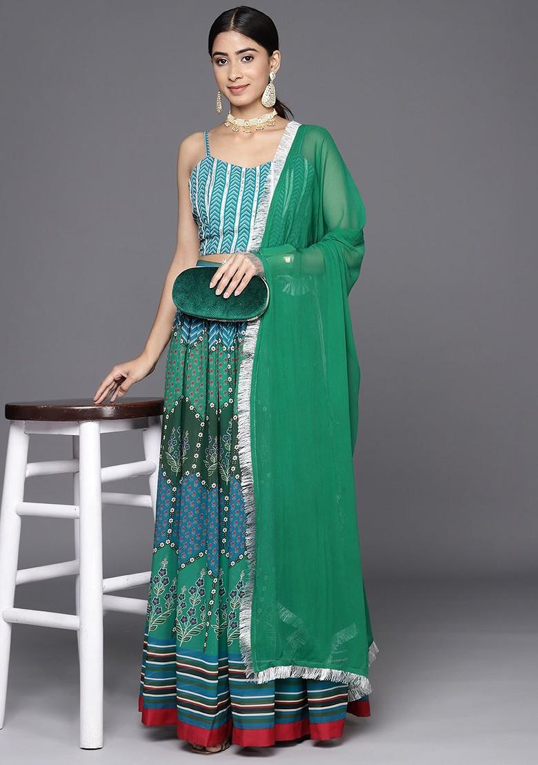 Teal Printed Blended Lehenga Choli