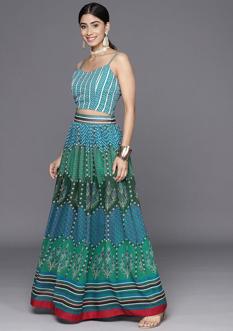 Teal Printed Blended Lehenga Choli