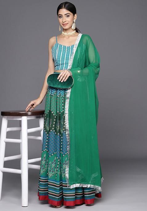 Teal Printed Blended Lehenga Choli