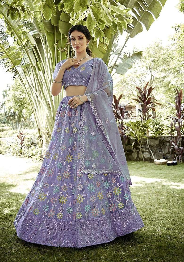 Purple Emboridered Blended Lehenga Choli - Indya