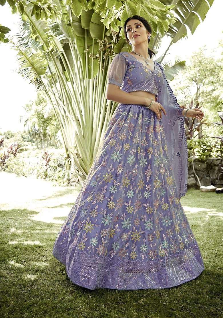 Purple Emboridered Blended Lehenga Choli - Indya