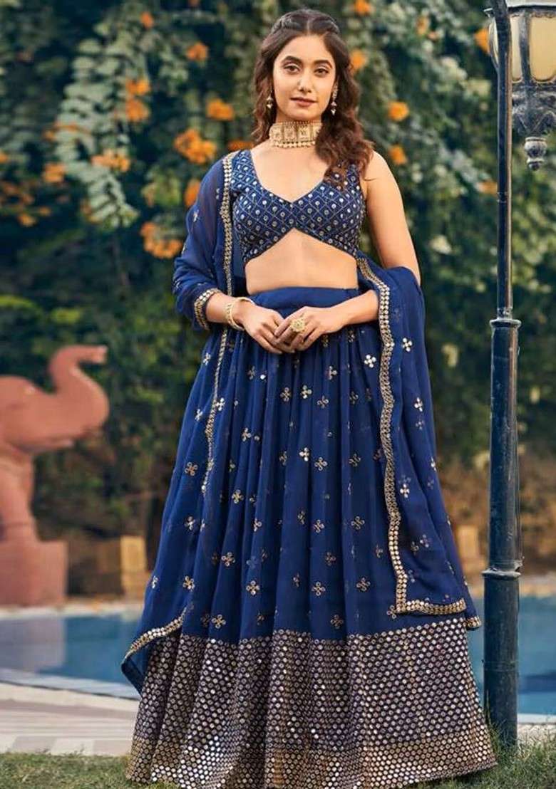 Blue Emboridered Blended Lehenga Choli - Indya