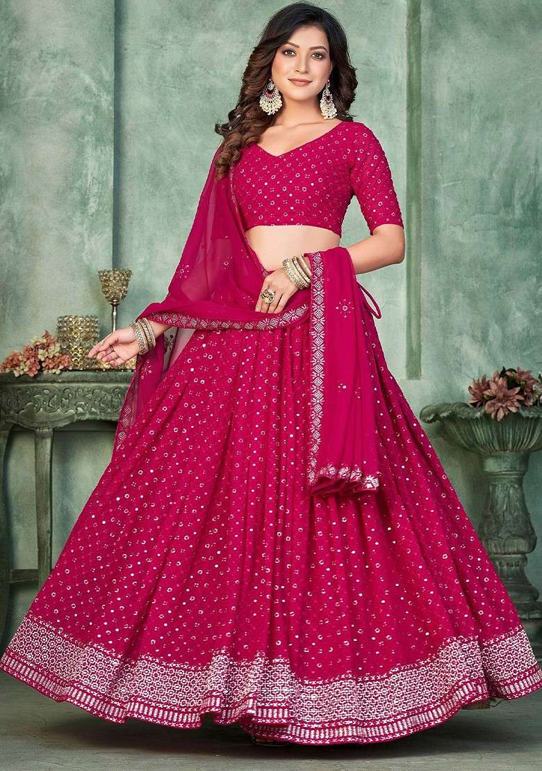 Pink Emboridered Blended Lehenga Choli - Indya