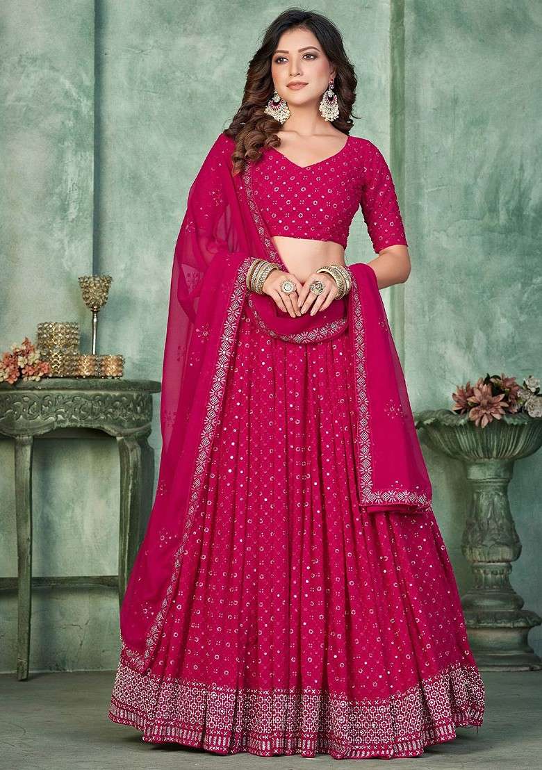 Pink Emboridered Blended Lehenga Choli - Indya