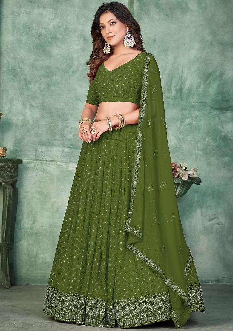 Green Emboridered Blended Lehenga Choli - Indya