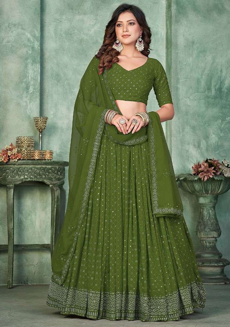 Green Emboridered Blended Lehenga Choli - Indya