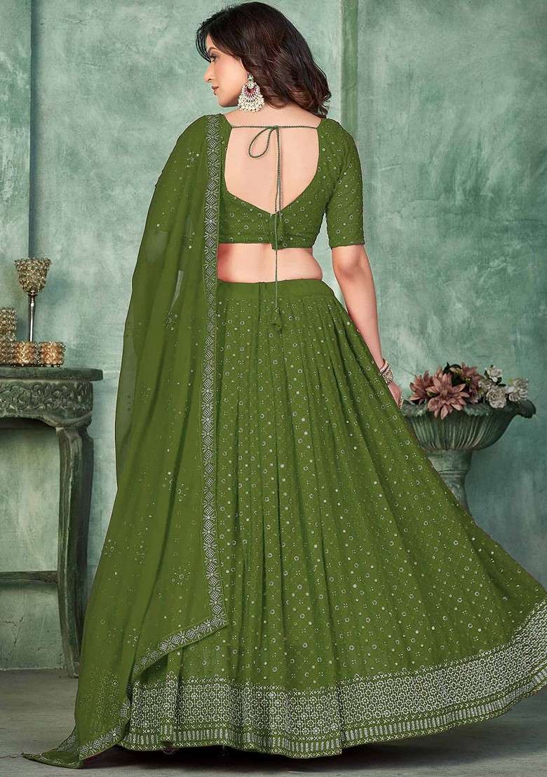 Green Emboridered Blended Lehenga Choli - Indya