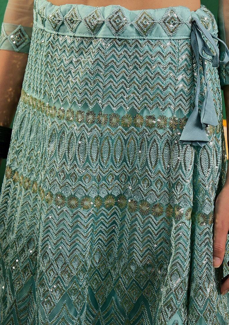Sea Green Emboridered Blended Lehenga Choli - Indya