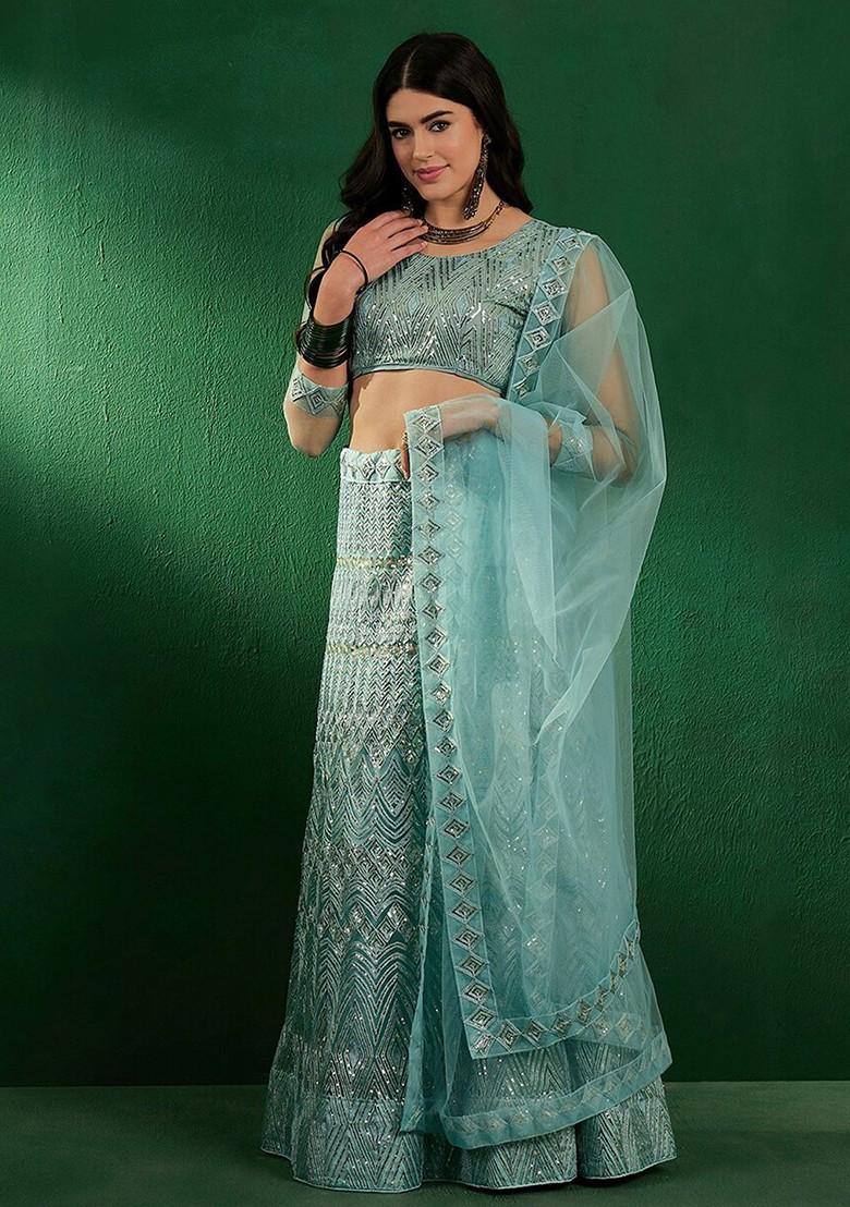 Sea Green Emboridered Blended Lehenga Choli - Indya