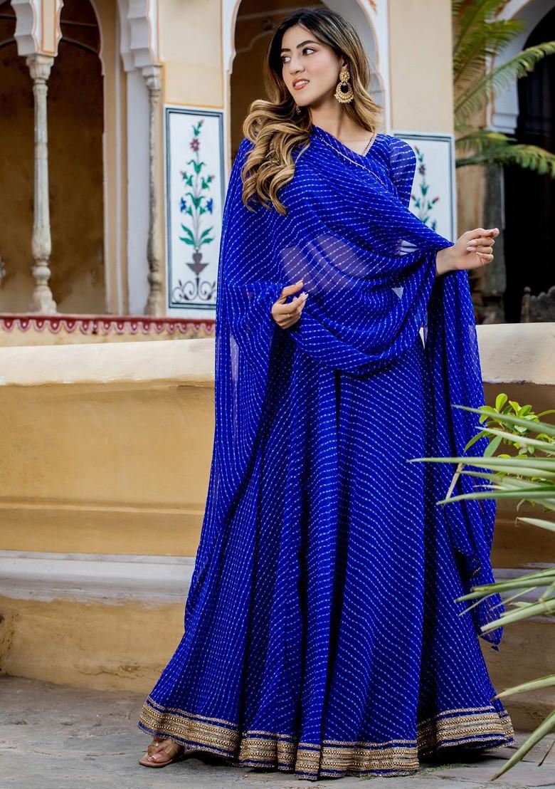 Blue Printed Blended Lehenga Choli - Indya