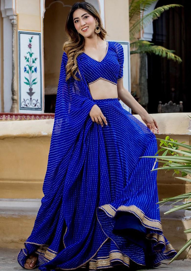 Blue Printed Blended Lehenga Choli - Indya