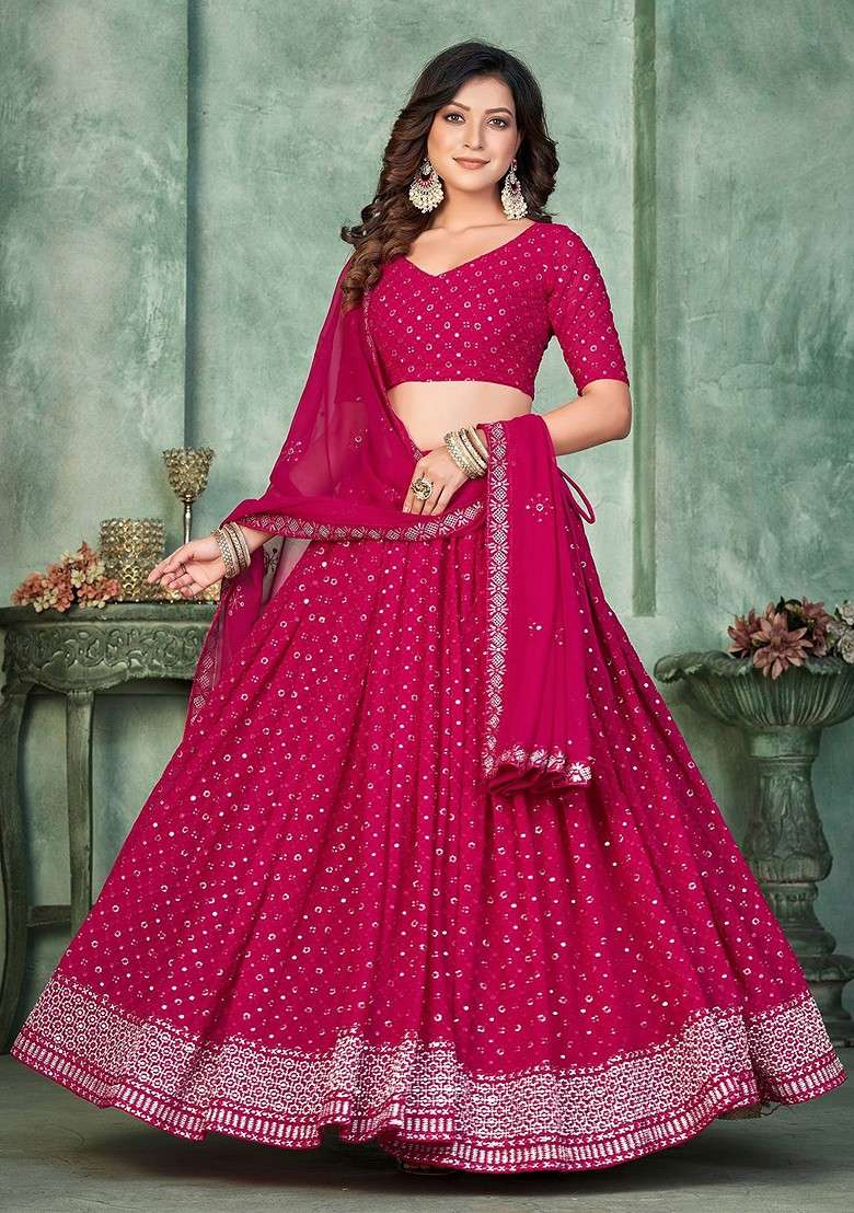 Pink Emboridered Blended Lehenga Choli - Indya